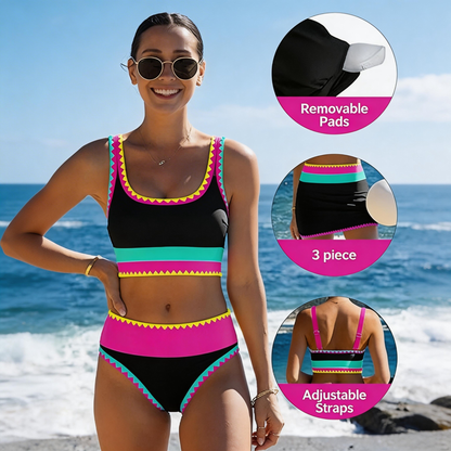 🌼Sporty 3-delt bikinisett i nylon med fargeblokker og lappeteppe - Badedrakt med høy midje og magekontroll👙🌈