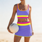 🌼Sporty 3-delt bikinisett i nylon med fargeblokker og lappeteppe - Badedrakt med høy midje og magekontroll👙🌈