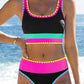 🌼Sporty 3-delt bikinisett i nylon med fargeblokker og lappeteppe - høy midje og magekontroll👙🌈