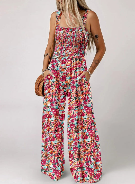 ✨ 48 % RABATT NÅ! 🌼 Ermeløs jumpsuit med blomsterprint til dame – Smocked byste og vide ben i sommerstil 👒🏖️