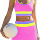 🌼Sporty 3-delt bikinisett i nylon med fargeblokker og lappeteppe - høy midje og magekontroll👙🌈