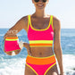 🌼Sporty 3-delt bikinisett i nylon med fargeblokker og lappeteppe - høy midje og magekontroll👙🌈