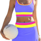 🌼Sporty 3-delt bikinisett i nylon med fargeblokker og lappeteppe - høy midje og magekontroll👙🌈
