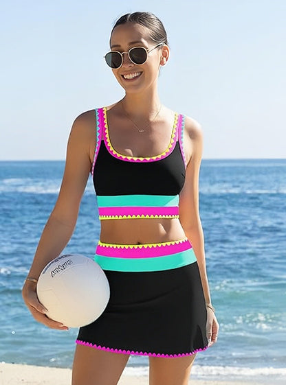 🌼Sporty 3-delt bikinisett i nylon med fargeblokker og lappeteppe - høy midje og magekontroll👙🌈