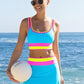 🌼Sporty 3-delt bikinisett i nylon med fargeblokker og lappeteppe - høy midje og magekontroll👙🌈