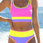 🌼Sporty 3-delt bikinisett i nylon med fargeblokker og lappeteppe - høy midje og magekontroll👙🌈