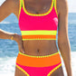 🌼Sporty 3-delt bikinisett i nylon med fargeblokker og lappeteppe - høy midje og magekontroll👙🌈