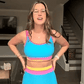 🌼Sporty 3-delt bikinisett i nylon med fargeblokker og lappeteppe - Badedrakt med høy midje og magekontroll👙🌈