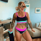 🌼Sporty 3-delt bikinisett i nylon med fargeblokker og lappeteppe - Badedrakt med høy midje og magekontroll👙🌈