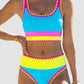 🌼Sporty 3-delt bikinisett i nylon med fargeblokker og lappeteppe - høy midje og magekontroll👙🌈