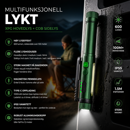 🔦 Magnetisk pennelykt i aluminium – 600 lumen, XPG+COB, 7 lysmoduser, Type-C. Sterk magnet i hode og hale – tåler regn og støt! 💪🌧️