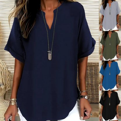 💎 48% RABATT! 💎 Moteriktig løs topp med korte ermer – V-hals med hakk, asymmetrisk kant og lett stoff (5 farger, S–2XL) 👕🌸