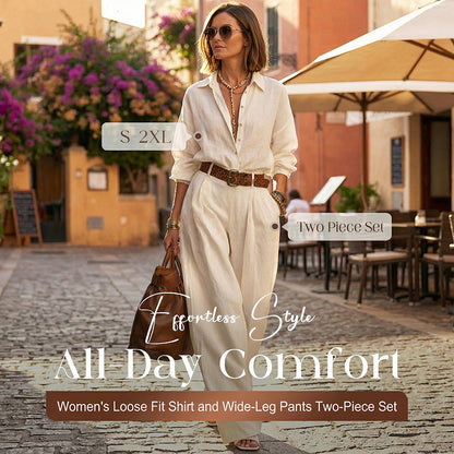💕Women's Loose Fit Shirt & Wide-Leg Pants Two-Piece Set
