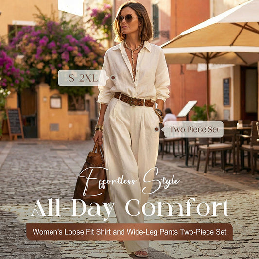 💕Women's Loose Fit Shirt & Wide-Leg Pants Two-Piece Set