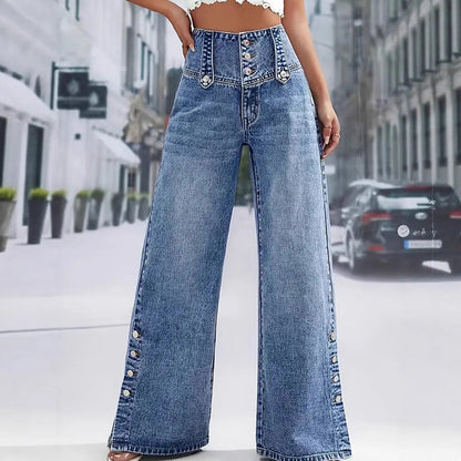 💎48 % RABATT! 💎 Damejeans med høy midje og vide ben 2026 – Sidesplitter, stretchdenim og retroknappdetaljer 👖✨