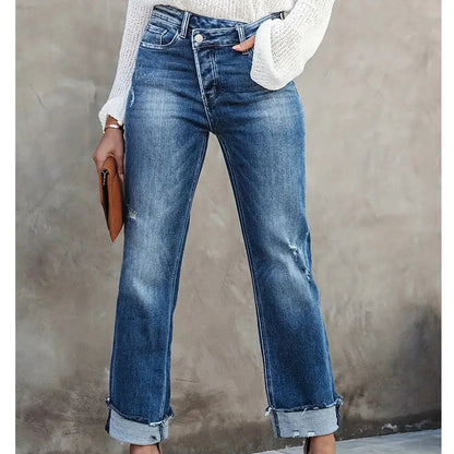 Damejeans med høy midje og rette ben i stretch