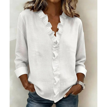 ✨ Uanstrengt elegant til hverdagsbruk – Premium bluse med volanger og V-hals! ✨
