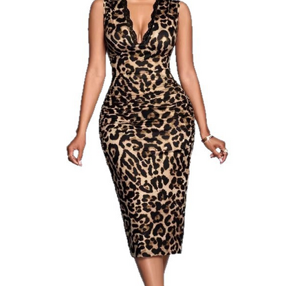 Kjole med V-hals og leopardprint i blondekant