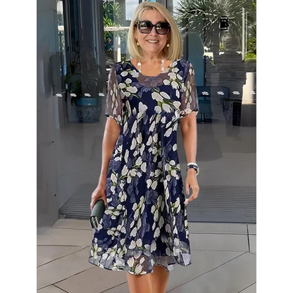 🌸 48 % RABATT NÅ! ✨ Blomsterkjole i A-formet stil til dame – dobbelt lags chiffon, elegant trykk og knelang passform 👗