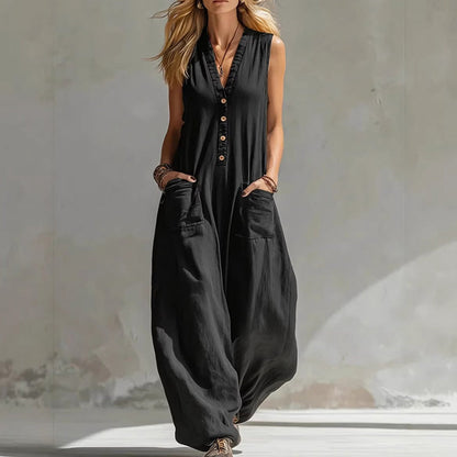 🌞Spring Awakening: 49 % rabatt! Elegant jumpsuit med V-hals: Ermeløs jumpsuit med knappestolpe i en avslappet passform