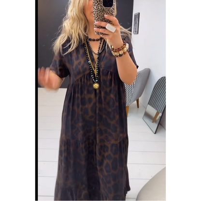 Lang kjole med V-hals og leopardmønster for kvinner