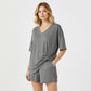 PRETTYGARDEN Rundhals-sett for kvinner Sommer Uformelt Overdimensjonert Skjorte med Splittkant og Sidelommer for Biker Shorts Minimalistisk Lounge Wear Mykt viskosestoff Komfortabel Hjemmetøy Koselig Pysjamas