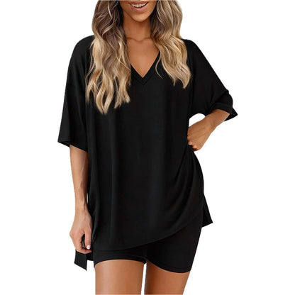 PRETTYGARDEN Rundhals-sett for kvinner Sommer Uformelt Overdimensjonert Skjorte med Splittkant og Sidelommer for Biker Shorts Minimalistisk Lounge Wear Mykt viskosestoff Komfortabel Hjemmetøy Koselig Pysjamas