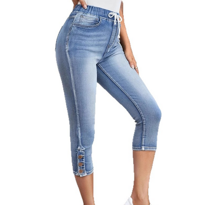 Stretchiga caprijeans för damer med dragsko i midja