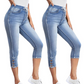 Stretchiga caprijeans för damer med dragsko i midja
