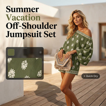 💕Begrenset salg 48 % RABATT💕Bohemsk jumpsuit-sett med skulderløs trykk