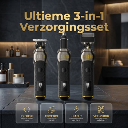 🌞Frisk inn i våren med 48 % rabatt!🧔 Luksuriøst 3-i-1 profesjonelt pleiesett for menn - T-bladstrimmer, foliebarbermaskin og nesetrimmer - Med LED-skjerm og USB-oppladbar