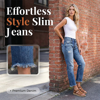 Fasjonable slim-fit slitte jeans til dame