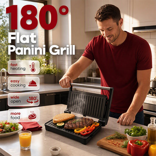 Elektrisk smørbrødgrill og paninimaskin med 180-graders flatgrill