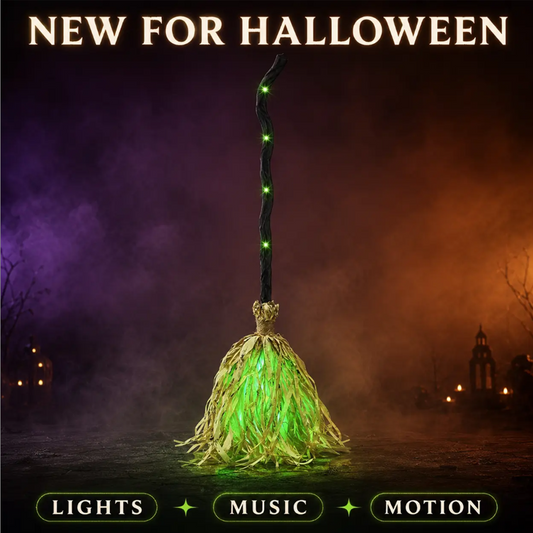 🧙 Gi hagen din liv denne Halloween – Animert heksekost med lys & skumle lyder. 50% rabatt.