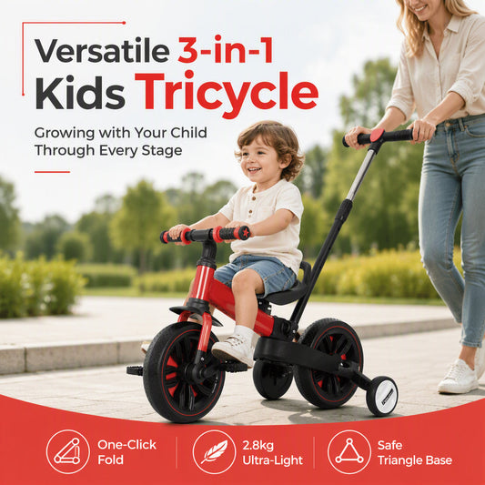 💥 50% rabatt! 🚲 3-i-1 barne-tricycle – barnevogn, tricycle og balansesykkel i én. Sammenleggbar, kun 2,8 kg. For barn 2–6 år. Rød, blå, rosa, gul 🌈